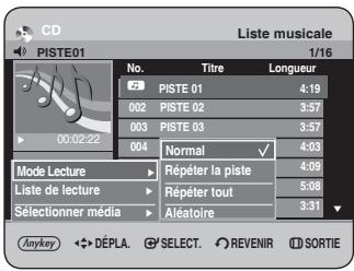 CD Liste musicale PISTE01 1/16 No. Titre Longueur PISTE 01 4:19 002 PISTE 02 3:57 003 PISTE 03 3:57 004 Normal √ 4:03 Mode Lecture > Répéter la piste 4:09 Liste de lecture > Répéter tout 5:08 Sélectionner média > Aléatoire 3:31 Anykey ◆DéPLA. SELECT. REVENIR DD SORTIE