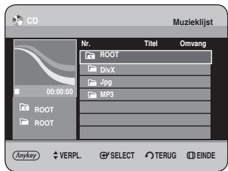 CD Muzieklijst Nr. Titel Omvang ROOT DivX Jpg MP3 00:00:00 ROOT ROOT Anykey VERPL. SELECT TERUG EINDE