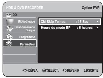 HDD & DVD RECORDER Option PVR Bibliothèque Gestionnaire de Disque Programme Paramérer CM Skip Temps : 15 Sec Heure du mode EP : 6 heures DéPLA. SELECT. REVENIR SORTIE