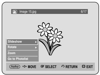 Image 15.jpg 6/17 Slideshow Rotate Zoom Go to Photolist Anyway MOVE SELECT RETURN EXIT