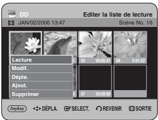 HDD DD JAN/02/2006 13:47 Editor la liste de lecture Scène No. 1/6 Lecture Modif. Dépla. Ajout. Supprimer 03 00:00:51 04 0:01:22 07 00:00:00 Anykey ◆️ DÉPLA. SELECT. REVENIR SORTIE