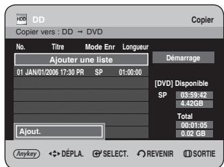 DD Copier vers : DD → DVD No. Titre Mode Enr Longueur Ajouter une liste 01 JAN/01/2006 17:30 PR SP 01:00:00 Démarrage [ DVD ] Disponible SP 03:59:42 4.42GB Total 00:01:05 0.02 GB Ajout. Anykey ↔DéPLA. SELECT. REVENIR SORTIE