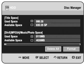 [Title Space] Used Space 000:20 Available Space 035:29 SP [DivX(MPEG4)/Music/Photo Space] Used Space 0119MB Available Space 4636MB Delete All Format MOVE SELECT RETURN EXIT