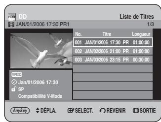 DD JAN/01/2006 17:30 PR1 Liste de Titres 1/3 No. Titre Longueur 001 JAN/01/2006 17:30 PR 01:00:00 002 JAN/02/2006 21:00 PR 01:00:00 003 JAN/03/2006 23:15 PR 00:30:00 MIXED Jan/01/2006 17:30 SP Compatibilité V-Mode Anykey DÉPLA SELECT REVENIR SORTIE