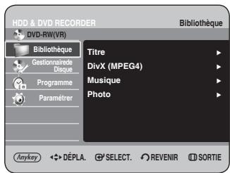 HDD & DVD RECORDER DVD-RW(VR) Bibliothèque Titre DivX (MPEG4) Musique Photo Anykey DéPLA. SELECT. REVENIR SORTIE