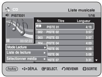 CD PISTE01 Liste musicale 1/16 No. Titre Longueur 2 PISTE 01 4:19 002 PISTE 02 3:57 003 PISTE 03 3:57 004 PISTE 04 4:03 Mode Lecture HSTE 05 4:09 Liste de lecture HSTE 06 5:08 Sélectionner média HSTE 07 3:31 Anykey DÉPLA SELECT REVENIR SORTIE