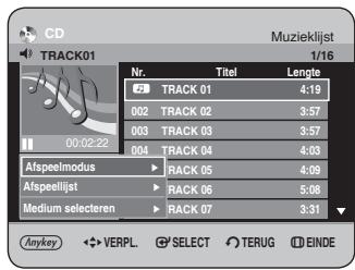 CD TRACK01 Muzieklijst 1/16 Nr. Titel Lengte 2 TRACK 01 4:19 002 TRACK 02 3:57 003 TRACK 03 3:57 004 TRACK 04 4:03 Afspeelmodus RACK 05 4:09 Afspeelijst RACK 06 5:08 Medium selecteren RACK 07 3:31 Anykey VERPL SELECT TERUG EINDE