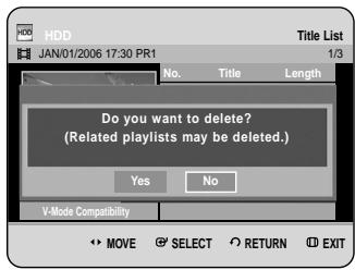 HDD JAN/01/2006 17:30 PR1 Title List 1/3 No. Title Length Do you want to delete? (Related playlists may be deleted.) Yes No V-Mode Comparability MOVE SELECT RETURN EXIT