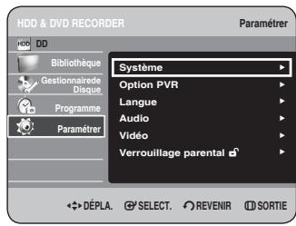 HDD & DVD RECORDER Paramétrer Bibliothèque Gestionnaire de Disque Programme Paramétrer Système Option PVR Langue Audio Vidéo Verrouillage parental DéPLA. SELECT. REVENIR SORTIE