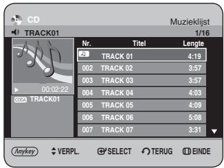 CD TRACK01 Muzieklijst 1/16 Nr. Titel Lengte 23 TRACK 01 4:19 002 TRACK 02 3:57 003 TRACK 03 3:57 004 TRACK 04 4:03 005 TRACK 05 4:09 006 TRACK 06 5:08 007 TRACK 07 3:31 Anykey VERPL. SELECT TERUG EINDE
