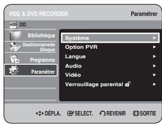 HDD & DVD RECORDER Paramétrer Bibliothèque Gestionnaire de Disque Programme Paramétrer Système Option PVR Langue Audio Video Verrouillage parental DéPLA. SELECT. REVENIR SORTIE