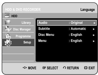 SAMSUNG DVD-HR734A - Press the buttons to select Language, then press the OK or button. Language setup menu will be displayed. - 1