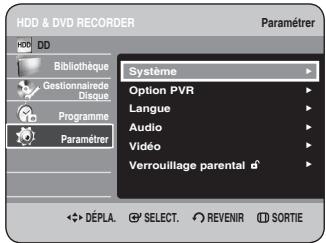 Enregistreur HDD et DVD Paramétrer Bibliothèque Gestionnaire de disque Programme Paramétrer Système Option PVR Langue Audio Vidéo Verrouillage parental Déplacer. Sélectionner. Revenir. Sortie