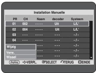 Installation Manuelle PR CH Naam decoder System 01 002 ---- Uit L/L' 02 004 ---- Uit L/L' 03 --- ---- --- - / - 04 --- ---- --- - / - Wijzig .... --- - / - Verw. .... --- - / - Wissel .... --- - / - Anykey ◆ VERPL. ⚫ SELECT ⚫TERUG ⚫DEINDE