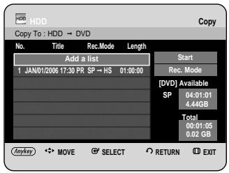 HDD Copy To : HDD → DVD No. Title Rec. Mode Length Add a list 1 JAN/01/2006 17:30 PR SP → HS 01:00:00 Start Rec. Mode [DVD] Available SP 04:01:01 4.44GB Total 00:01:05 0.02 GB Anyway MOVE SELECT RETURN EXIT