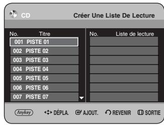 CD Créer une liste de lecture No. Titre 001 PISTE 01 002 PISTE 02 003 PISTE 03 004 PISTE 04 005 PISTE 05 006 PISTE 06 007 PISTE 07 No. Liste de lecture Anykey Déplacer Ajouter Revenir Sortie