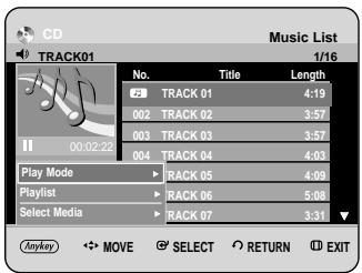 CD TRACK01 Music List 1/16 No. Title Length 2 TRACK 01 4:19 002 TRACK 02 3:57 003 TRACK 03 3:57 004 TRACK 04 4:03 Play Mode ► RACK 05 4:09 Playlist ► RACK 06 5:08 Select Media ► RACK 07 3:31 Anyway → MOVE SELECT RETURN EXIT