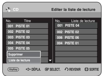 CD Editor la liste de lecture No. Titre 001 PISTE 01 002 PISTE 02 003 PISTE 03 004 PISTE 04 005 PISTE 05 Supprimer Liste de lecture No. Liste de lecture 001 PISTE 04 002 PISTE 02 006 PISTE 06 004 PISTE 01 Anykey DÉPLA SELECT REVENIR SORTIE