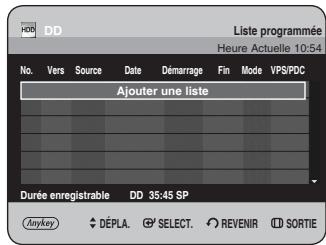 Liste programmée Heure actuelle : 10:54 N° Vers Source Date Démarrage Fin Mode VPS/PDC Ajouter une liste Durée enregistrable DD 35:45 SP Anykey DÉPLA SELECT REVENIR SORTIE
