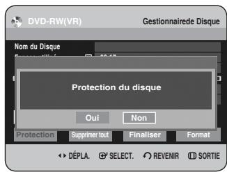 DVD-RW(VR) Gestionnaire de Disque Nom du Disque Protection du disque Oui Non Protection Supprimer tout Finaliser Format DéPLA SELECT REVENIR SORTIE