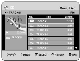 CD TRACK01 Music List 1/16 No. Title Length 23 TRACK 01 4:19 002 TRACK 02 3:57 003 TRACK 03 3:57 004 TRACK 04 4:03 005 TRACK 05 4:09 006 TRACK 06 5:08 007 TRACK 07 3:31 Anykey MOVE SELECT RETURN EXIT