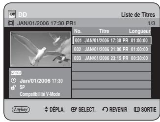 HDD JAN/01/2006 17:30 PR1 Liste de Titres 1/3 No. Titre Longueur 001 JAN/01/2006 17:30 PR 01:00:00 002 JAN/01/2006 21:00 PR 01:00:00 003 JAN/01/2006 23:15 PR 00:30:00 SP Compatibilité V-Mode Anykey DÉPLA SELECT REVENIR SORTIE