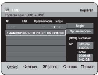 HDD Kopieren naar : HDD → DVD Nr. Titel Opnamemodus Lengle --- --- -- ---:---: 1 JAN/01/2006 17:30 PR SP→HS 01:00:00: Begin Opnamemodus [DVD] Beschikbaar SP 03:59:42 4.42GB Totaal 00:01:05 0.02 GB Anykey VERPL SELECT TERUG EINDE