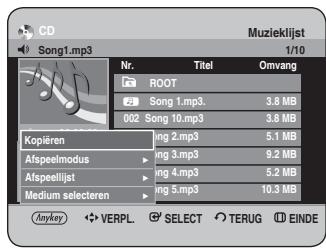 CD Song1.mp3 Muzieklijst 1/10 Nr. Titel Omvang ROOT Song 1.mp3. 3.8 MB 002 Song 10.mp3 3.8 MB Koplären Jing 2.mp3 5.1 MB Afspeelmodus Jing 3.mp3 9.2 MB Afspeellijst Jing 4.mp3 5.2 MB Medium selecteren Jing 5.mp3 10.3 MB Anykey VERPL. SELECT TERUG EINDE