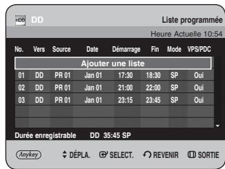 Liste programmée Heure Actuelle 10:54 No. Vers Source Date Démarrage Fin Mode VPS/PDC Ajouter une liste 01 DD PR 01 Jan 01 17:30 18:30 SP Oui 02 DD PR 01 Jan 01 21:00 22:00 SP Oui 03 DD PR 01 Jan 01 23:15 23:45 SP Oui Durée enregistrable DD 35:45 SP Anykey DÉPLA SELECT REVENIR SORTIE