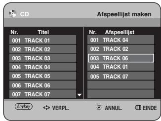 CD Afspeellijst maken Nr. Titel Nr. Afspeellijst 001 TRACK 01 001 TRACK 04 002 TRACK 02 002 TRACK 02 003 TRACK 03 003 TRACK 06 004 TRACK 04 004 TRACK 01 005 TRACK 05 005 TRACK 07 006 TRACK 06 007 TRACK 07 Anykey VERPL ANNUL EINDE