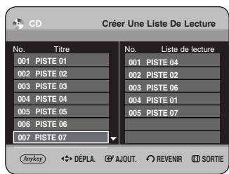 CD Créer une liste de lecture No. Titre 001 PISTE 01 002 PISTE 02 003 PISTE 03 004 PISTE 04 005 PISTE 05 006 PISTE 06 007 PISTE 07 No. Liste de lecture 001 PISTE 04 002 PISTE 02 003 PISTE 06 004 PISTE 01 005 PISTE 07 Anykey Déplacer Ajouter Revenir Sortie