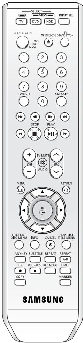 SELECT VIEW INPUT SEL. TV DVD HDD STANDBY/ON OPEN/CLOSE TV STANDBY/ON 1 2 3 4 5 6 7 8 9 TV/DVD CM SKIP 0 STOP PLAY + TV MUTE VOL PROG AUDIO MENU RETURN OK TITLE LIST DISC MENU INFO CANCEL PLAY LIST TITLE MENU ANYKEY SUBTITLE REPEAT REPEAT A-B REC REC PAUSE REC MODE TIMER COPY MARKER SAMSUNG