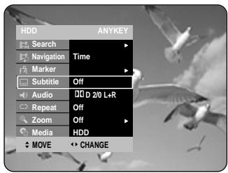 HDD ANYKEY Search Navigation Time Marker Subtitle Off Audio DQ D 2/0 L+R Repeat Off Zoom Off Media HDD MOVE ↔ CHANGE