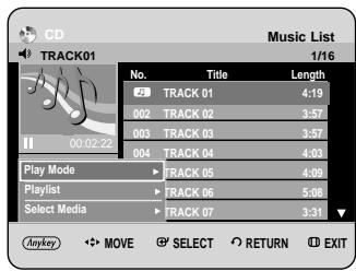 CD TRACK01 Music List 1/16 No. Title Length 02 TRACK 01 4:19 002 TRACK 02 3:57 003 TRACK 03 3:57 004 TRACK 04 4:03 Play Mode TRACK 05 4:09 Playlist TRACK 06 5:08 Select Media TRACK 07 3:31 Anyway MOVE SELECT RETURN EXIT