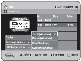 CD Movie 1.avi Liste DivX(MPEG4) 1/1 No. Titre Taille ROOT 001 Movie 1.avi 0.7MB Occid(Windows) ✓ Central(Windows) Grec(Windows) Cyrillien(Windows) Copyer Encodage ss-titres ▶ Sélectionner média ▶ Anykey ◆ DÉPLA. SELECT. REVENIR SORTIE