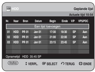 HDD Geplande lijst Actuele tijd 10:54 Nr. Naar Bron Datum Begin Einde VIP VPS/PDC Een lijst toevoegen 01 HDD PR 01 Jan 01 17:30 18:30 SP Aan 02 HDD PR 01 Jan 01 21:00 22:00 SP Aan 03 HDD PR 01 Jan 01 23:15 23:45 SP Aan Opnametijd HDD 35:45 SP Anykey VERPL. SELECT TERUG EINDE
