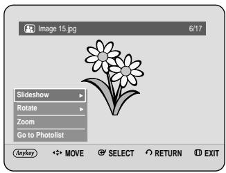 Image 15.jpg 6/17 Slideshow Rotate Zoom Go to Photolist Anykey MOVE SELECT RETURN EXIT