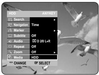 HDD ANYKEY Search Navigation Time Marker Off Subtitle Audio D 2/0 L+R Repeat Off Zoom Off Media HDD CHANGE SELECT
