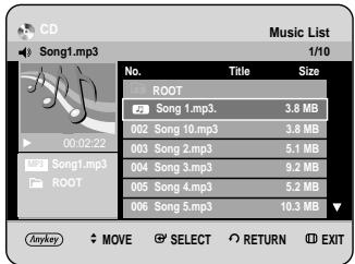 CD Song1.mp3 Music List 1/10 No. Title Size ROOT 2 Song 1.mp3. 3.8 MB 002 Song 10.mp3 3.8 MB 003 Song 2.mp3 5.1 MB 004 Song 3.mp3 9.2 MB 005 Song 4.mp3 5.2 MB 006 Song 5.mp3 10.3 MB Anykey MOVE SELECT RETURN EXIT