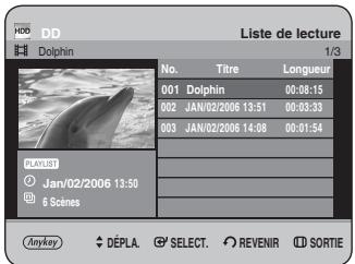 HDD DD Dolphin Liste de lecture 1/3 No. Titre Longueur 001 Dolphin 00:08:15 002 JAN/02/2006 13:51 00:03:33 003 JAN/02/2006 14:08 00:01:54 CLARUST Jan/02/2006 13:50 6 Scènes Jinykey DÉPLA SELECT REVENIR SORTIE