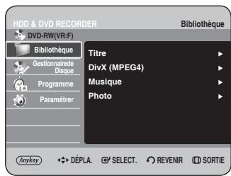 HDD & DVD RECORDER DVD-RW(VR:F) Bibliothèque Titre DivX (MPEG4) Musique Photo Gestionnaire de disque Programme Paramétrer Anykey Déplacer Sélectionner Revenir Sortie