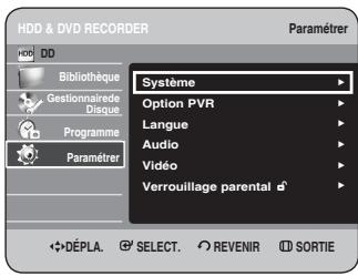 HDD & DVD RECORDER. Paramétrer. Bibliothèque. Gestionnaire de disque. Programme. Paramétrer. Système. Option PVR. Langue. Audio. Vidéo. Verrouillage parental. Déplacer, sélectionner, revenir, sortie.