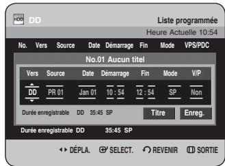 Liste programmée Heure Actuelle 10:54 No. Vers Source Date Démarrage Fin Mode VPS/PDC No.01 Aucun titel Vers Source Date Démarrage Fin Mode V/P DD PR 01 Jan 01 10:54 12:54 SP Non Durée enregistrable DD 35:45 SP Titre Enreg. Durée enregistrable DD 35:45 SP DéPLA SELECT REVENIR SORTIE