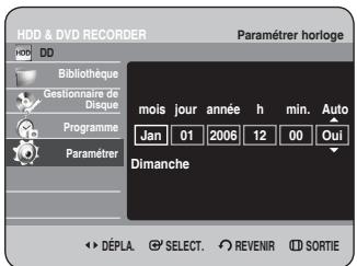 HDD & DVD RECORDER Paramétrer horloge Bibliothèque Gestionnaire de Disque Programme Paramétrer mois jour année h min. Auto Jan 01 2006 12 00 Oui Dimanche DéPLA. SELECT. REVENIR SORTIE