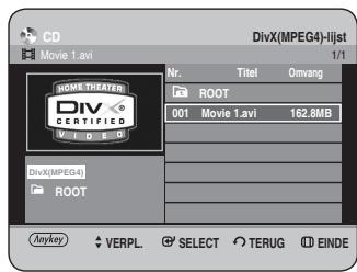 CD Movie 1.avi DivX(MPEG4)-lijst 1/1 Nr. Titel Onvang HOME.THEATER DIV CERTIFIED VIDEO ROOT 001 Movie 1.avi 162.8MB DivX(MPEG4) ROOT Anykey VERPL. SELECT TERUG EINDE