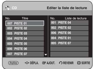 CD Editor la liste de lecture No. Titre 007 PISTE 01 002 PISTE 02 003 PISTE 03 004 PISTE 04 005 PISTE 05 006 PISTE 06 007 PISTE 07 Liste de lecture 001 PISTE 04 002 PISTE 02 006 PISTE 06 004 PISTE 01 005 PISTE 07 Ankey Dépla. AJOUT. REVENIR CD SORTIE