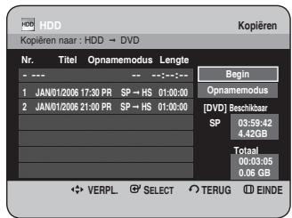 HDD Kopieren naar : HDD → DVD Nr. Titel Opnamemodus Lengte Begin 1 JAN/01/2006 17:30 PR SP → HS 01:00:00 2 JAN/01/2006 21:00 PR SP → HS 01:00:00 Opnamemodus [ DVD ] Beschikbaar SP 03:59:42 4.42GB Totaal 00:03:05 0.06 GB VERPL SELECT TERUG EINDE