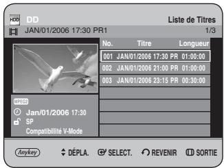 DD LISTe de Titres JAN/01/2006 17:30 PR1 1/3 No. Titre Longueur 001 JAN/01/2006 17:30 PR 01:00:00 002 JAN/01/2006 21:00 PR 01:00:00 003 JAN/01/2006 23:15 PR 00:30:00 JPYCO Jan/01/2006 17:30 SP Compatibilité V-Mode Anykey DEPLA SELECT REVENIR SORTIE