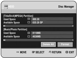 [Title/DivX(MPEG4) Partition] Used Space 000:20 Available Space 035:29 SP [Music/Photo Partition] Used Space 0119MB Available Space 4636MB Delete All Format MOVE SELECT RETURN EXIT