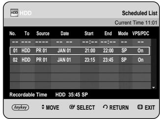 HDD Scheduled List Current Time 11:01 No. To Source Date Start End Mode VPS/PDC 01 HDD PR 01 JAN 01 21:00 22:00 SP On 02 HDD PR 01 JAN 01 23:15 23:45 SP On Recordable Time HDD 35:45 SP MyKey ◆ MOVE ⚠ SELECT ○ RETURN ☑ EXIT